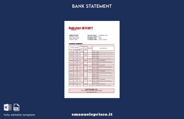 modello Excel di estratto conto bancario Rakuten in stile verificato in Giappone
